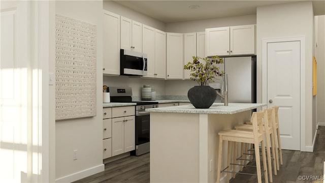 kitchen featuring stainless steel range oven, white refrigerator with ice dispenser, dark wood-style floors, and a kitchen breakfast bar