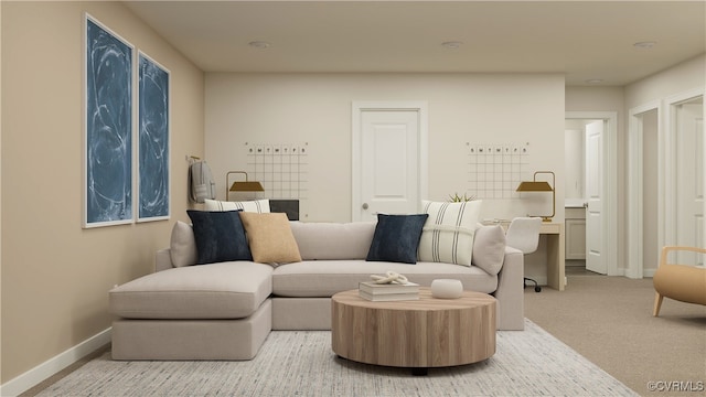 living room with light carpet and baseboards