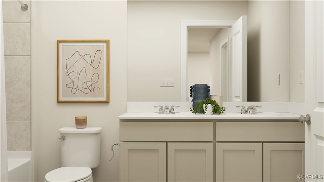 full bath featuring double vanity, a sink, toilet, and a washtub