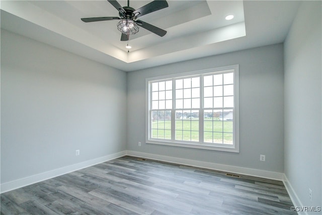 empty room with light wood-type flooring, a raised ceiling, and plenty of natural light