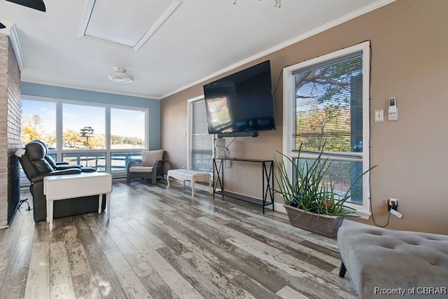 living room featuring crown molding and hardwood / wood-style floors