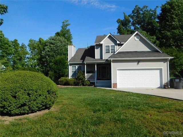 view of front of home featuring a garage, covered porch, and a front lawn