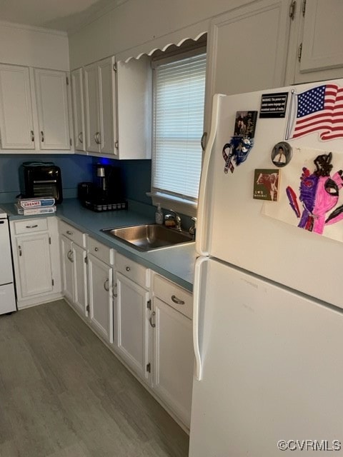 kitchen with ornamental molding, sink, white refrigerator, hardwood / wood-style flooring, and white cabinetry