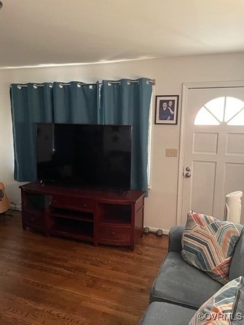 living room with dark hardwood / wood-style flooring