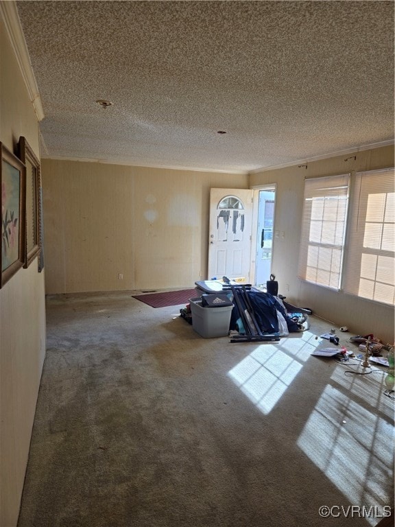 interior space featuring light carpet and a textured ceiling