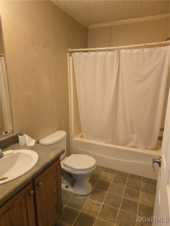 full bathroom featuring vanity, shower / bath combination with curtain, toilet, and a textured ceiling