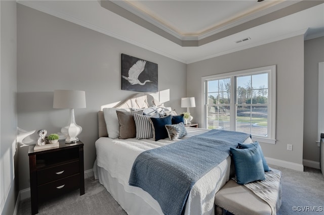 carpeted bedroom featuring ornamental molding