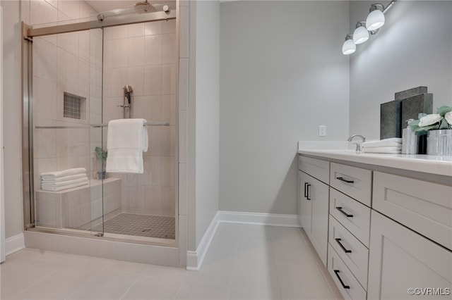 bathroom with tile patterned flooring, vanity, and an enclosed shower