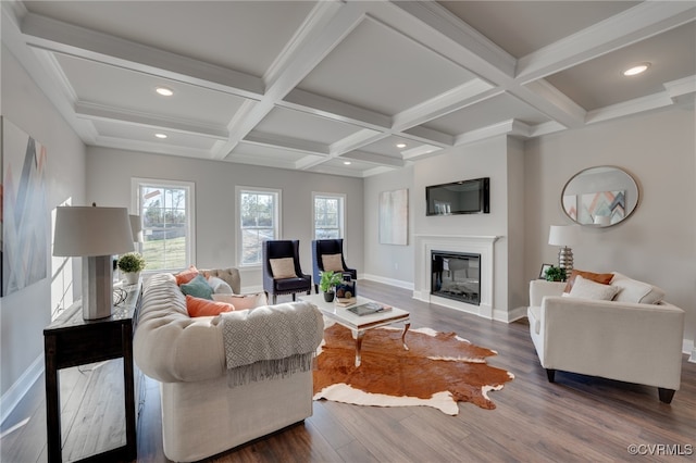 living room featuring coffered ceiling, beamed ceiling, and dark hardwood / wood-style floors