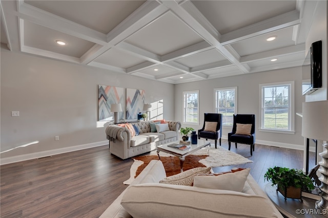 living room featuring beam ceiling, dark hardwood / wood-style flooring, and a wealth of natural light