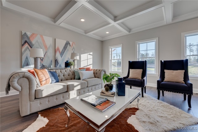 living room with beam ceiling, dark hardwood / wood-style flooring, and coffered ceiling