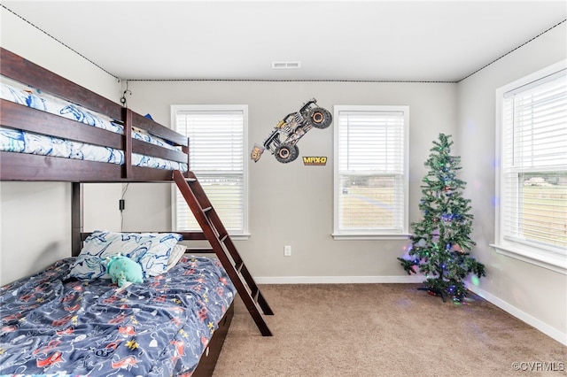 carpeted bedroom with multiple windows