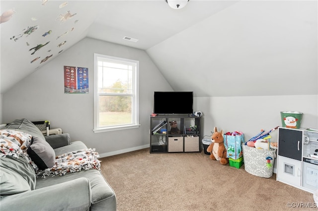 recreation room with carpet flooring and lofted ceiling