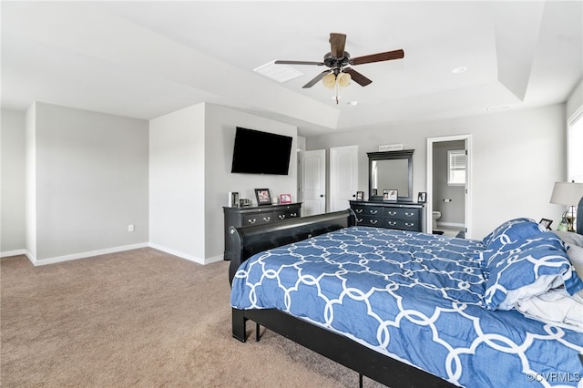 bedroom with ceiling fan and light colored carpet