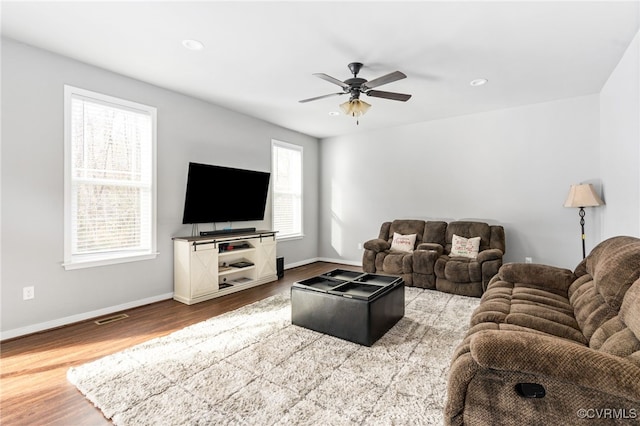 living room with wood-type flooring and ceiling fan