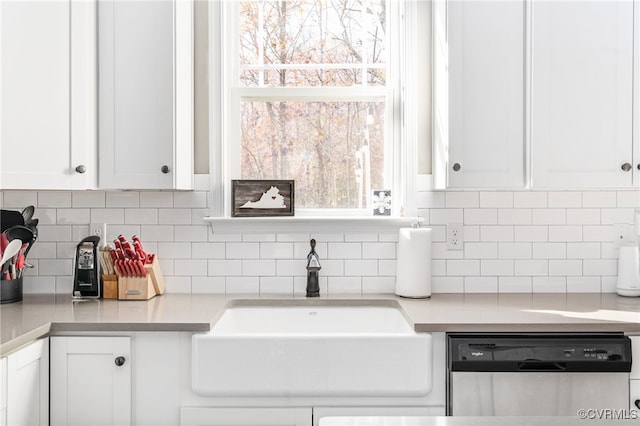 kitchen featuring white cabinetry, stainless steel dishwasher, tasteful backsplash, and sink