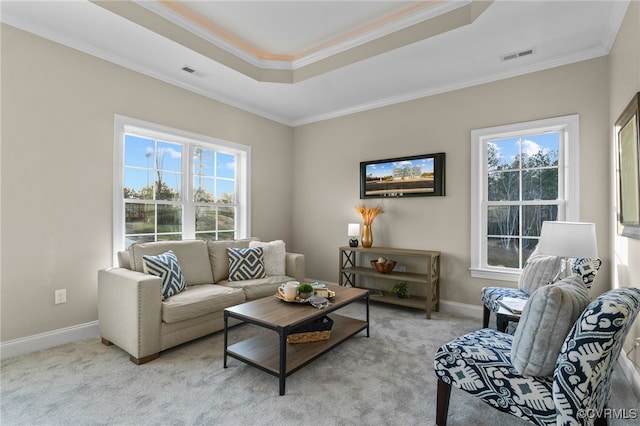 carpeted living room featuring a raised ceiling, crown molding, and a healthy amount of sunlight