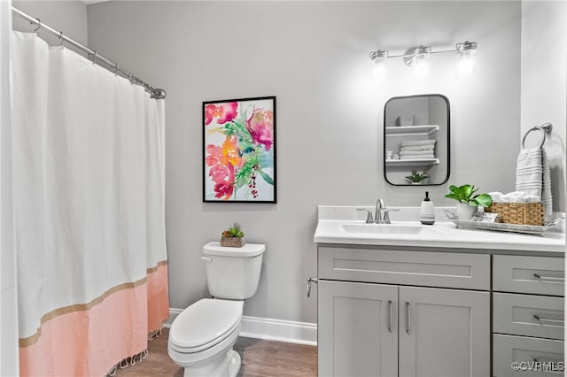 bathroom with vanity, toilet, and wood-type flooring