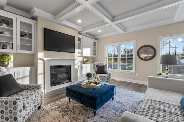 6416 Sanford Springs Cv, Midlothian, VA 23112 - living area with recessed lighting, healthy amount of natural light, coffered ceiling, beamed ceiling, and dark wood-style flooring