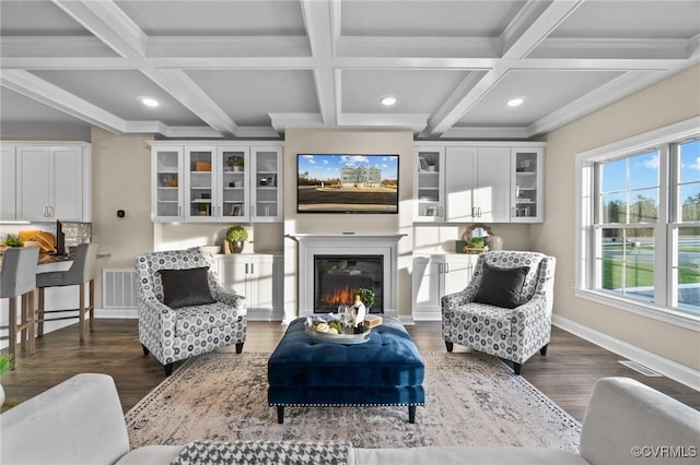 6416 Sanford Springs Cv, Midlothian, VA 23112 - living area featuring dark wood finished floors, coffered ceiling, beamed ceiling, recessed lighting, and a glass covered fireplace