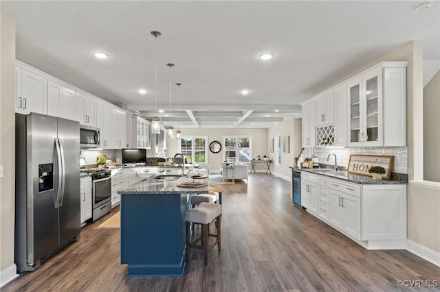 6416 Sanford Springs Cv, Midlothian, VA 23112 - kitchen with stainless steel appliances, recessed lighting, dark wood-style floors, glass insert cabinets, and white cabinetry