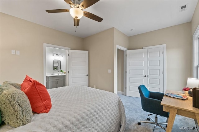 6416 Sanford Springs Cv, Midlothian, VA 23112 - bedroom with carpet floors, a desk, ensuite bath, and ceiling fan