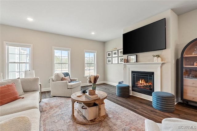 6412 Sanford Springs Cv, Midlothian, VA 23112 - living area featuring a glass covered fireplace, dark wood-style flooring, and recessed lighting