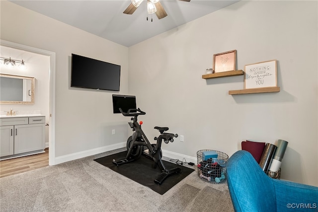 workout room featuring ceiling fan, light hardwood / wood-style flooring, and sink