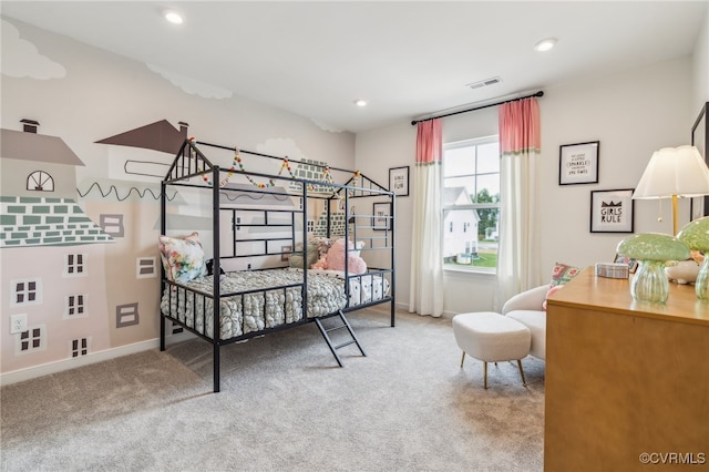 bedroom featuring carpet flooring, recessed lighting, visible vents, and baseboards