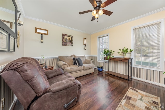 living room featuring dark hardwood / wood-style floors, ceiling fan, and crown molding