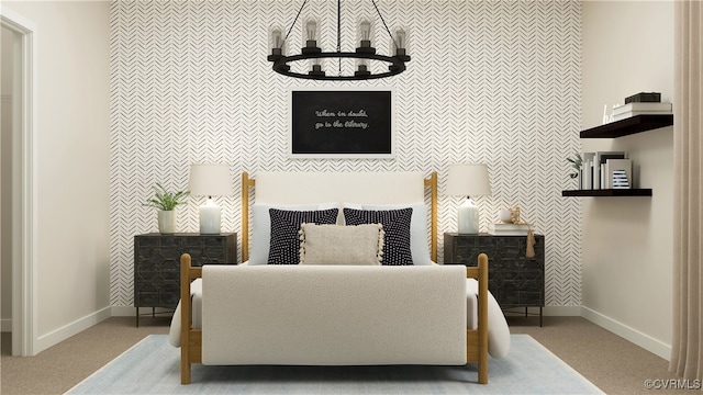 carpeted bedroom featuring a notable chandelier