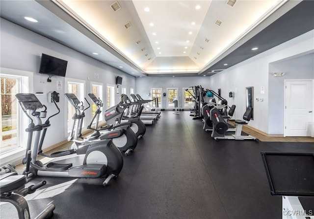 workout area featuring a tray ceiling and a wealth of natural light