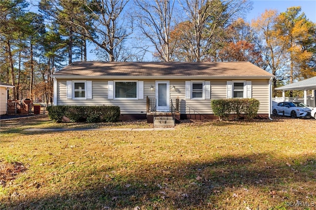 single story home with a front lawn