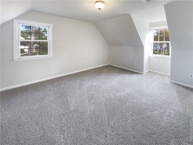 additional living space featuring a wealth of natural light, carpet, and vaulted ceiling