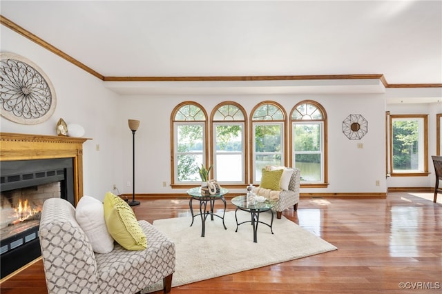 living room with crown molding and light hardwood / wood-style floors