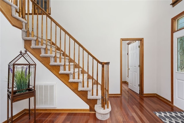 foyer entrance with a towering ceiling and dark wood-type flooring