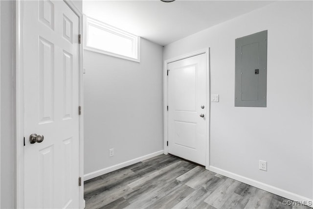 entrance foyer featuring electric panel and light hardwood / wood-style flooring