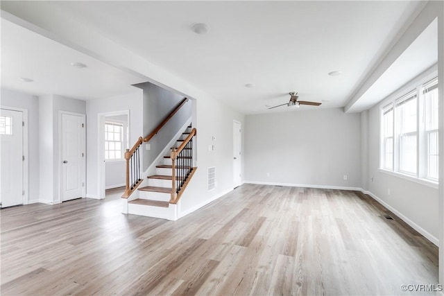 unfurnished living room featuring ceiling fan and light wood-type flooring