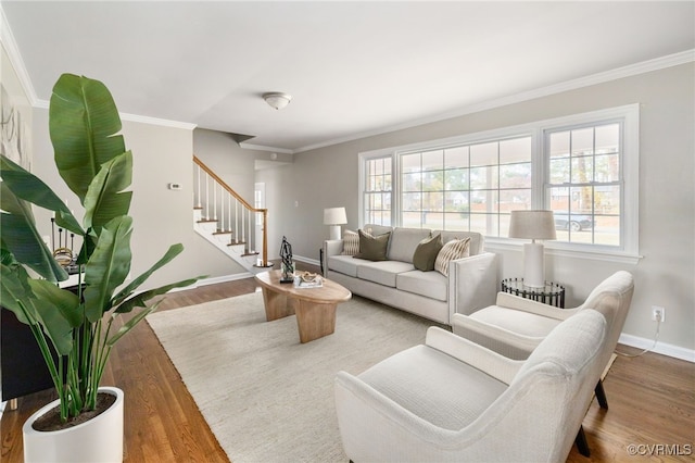 living room with wood-type flooring and crown molding