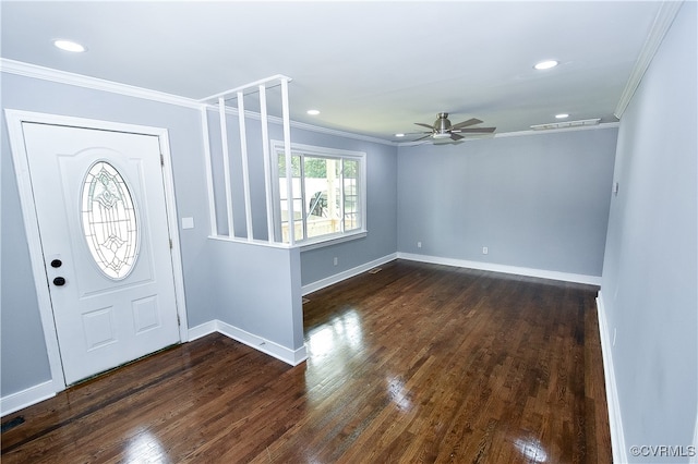 foyer with crown molding, ceiling fan, and dark hardwood / wood-style floors