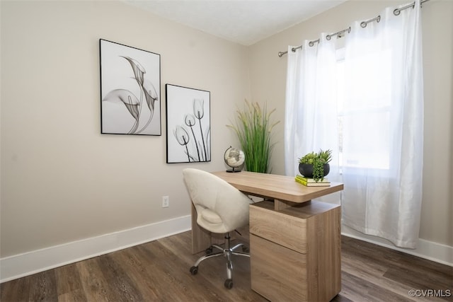 office space featuring dark wood-type flooring and a healthy amount of sunlight