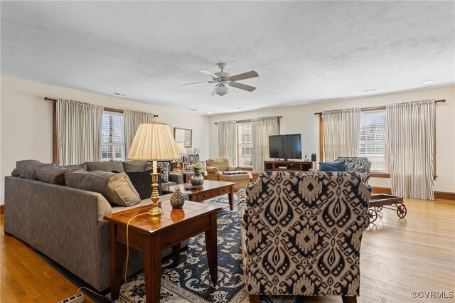 living room featuring light hardwood / wood-style flooring, a healthy amount of sunlight, and a textured ceiling