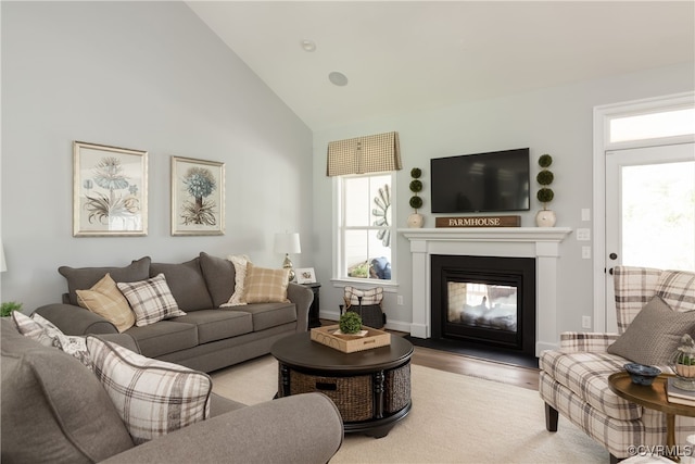 living area with plenty of natural light, wood finished floors, a multi sided fireplace, and high vaulted ceiling