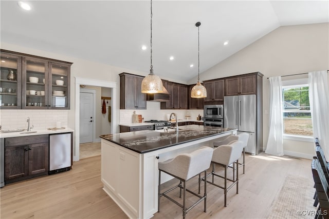 kitchen featuring pendant lighting, high end appliances, a kitchen island with sink, tasteful backsplash, and light hardwood / wood-style floors