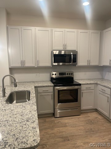 kitchen with light stone counters, stainless steel appliances, light hardwood / wood-style flooring, and sink