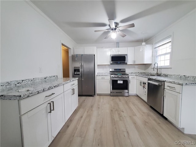 kitchen featuring sink, white cabinets, stainless steel appliances, and light wood-type flooring