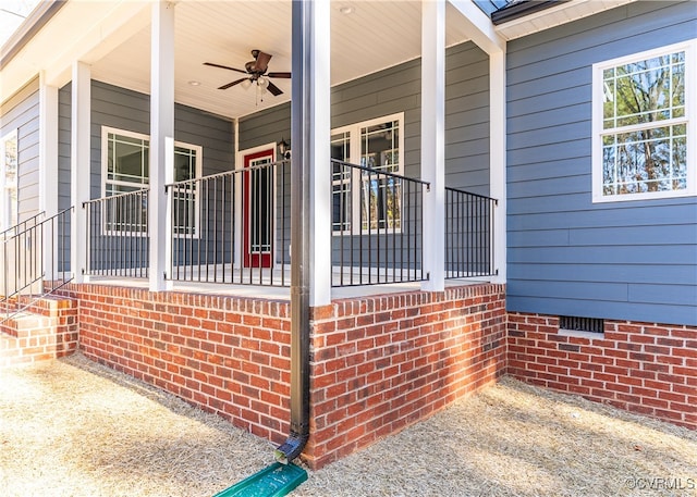 exterior space with ceiling fan and a porch