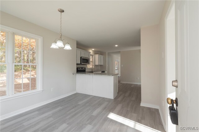 kitchen featuring hardwood / wood-style flooring, a healthy amount of sunlight, kitchen peninsula, and stainless steel appliances