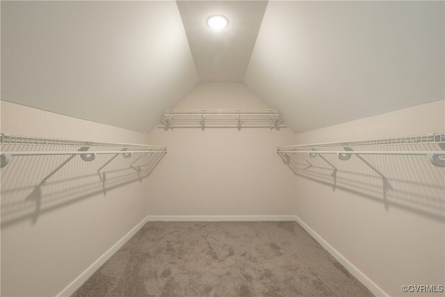 walk in closet with carpet and vaulted ceiling