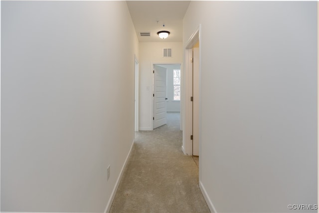 hall featuring light colored carpet